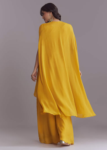 Yellow Chinon Kaftan Top And Palazzo Set With Embroidery