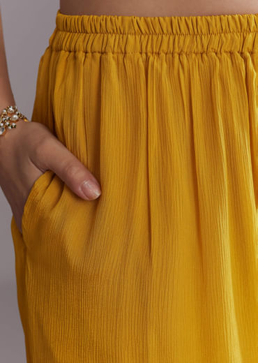 Yellow Chinon Kaftan Top And Palazzo Set With Embroidery