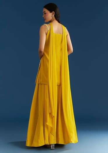 Yellow Chinon Kurta Palazzo Set With Choker Style Dupatta