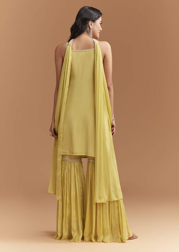 Yellow Chinon Sharara Suit With Beads And Moti Work