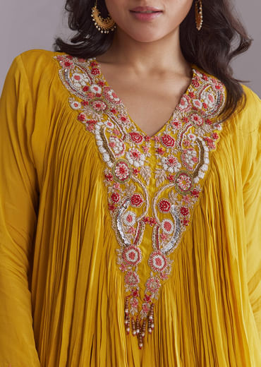 Yellow Chinon Sharara Suit With Embroidery