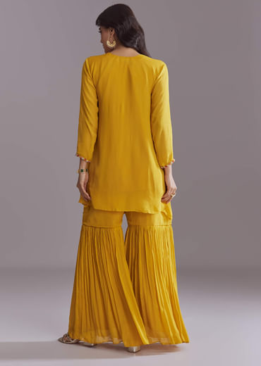 Yellow Chinon Sharara Suit With Embroidery