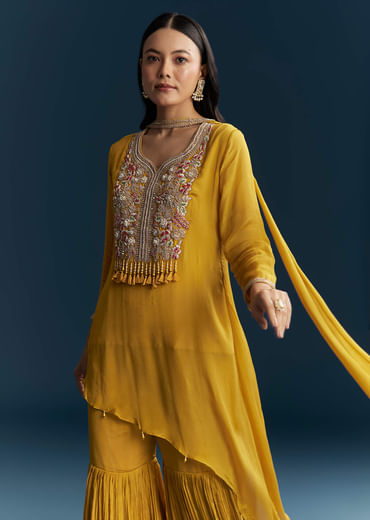 Yellow Chinon Sharara Suit With Zardosi Work