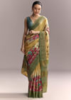 Yellow Cotton Saree With Hand Painted Motifs And Green Border
