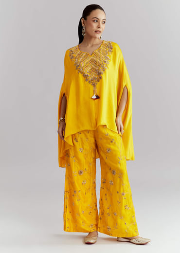 Yellow Crepe Indo Western Set With Heavy Hand Embroidery