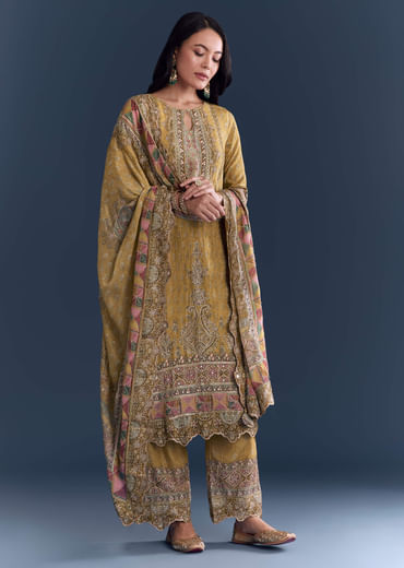 Yellow Crepe Kurta Set With Indie Print And Zari Embroidery