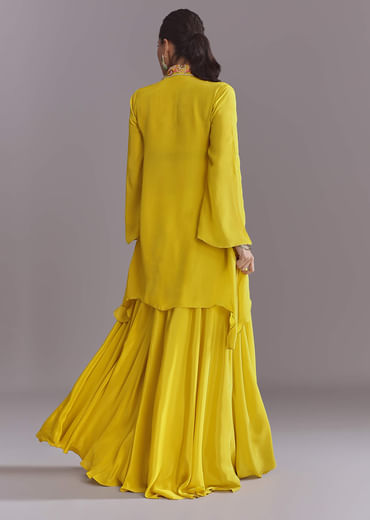 Yellow Crepe Palazzo Suit With Thread And Resham Work