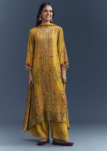 Yellow Crepe Printed Kurta Set With Sequins Work