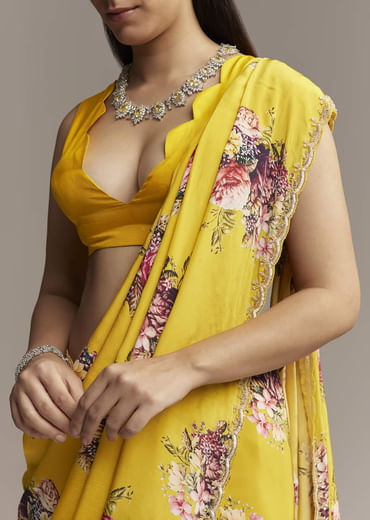 Yellow Crepe Saree With Floral Digital Print And Sequin Embroidery