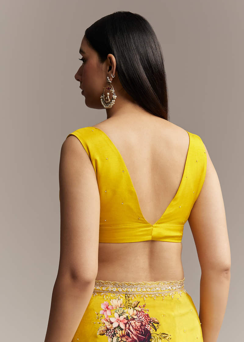 Yellow Crepe Saree With Multicolor Floral Print And Embellished Border