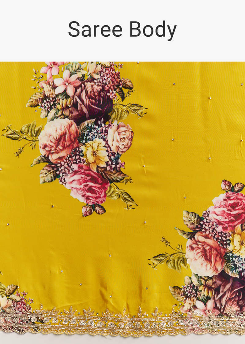 Yellow Crepe Saree With Multicolor Floral Print And Embellished Border