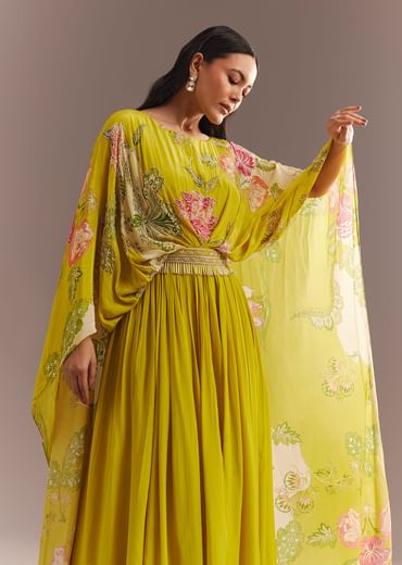 Yellow Crepe Silk Floral Printed Gown With Embroidered Belt