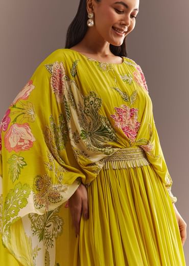 Yellow Crepe Silk Floral Printed Gown With Embroidered Belt