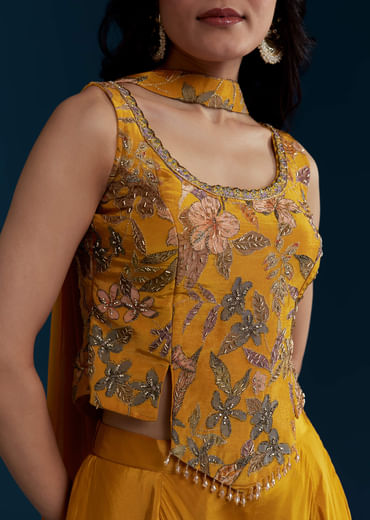 Yellow Crop Top Palazzo Set with Floral Print