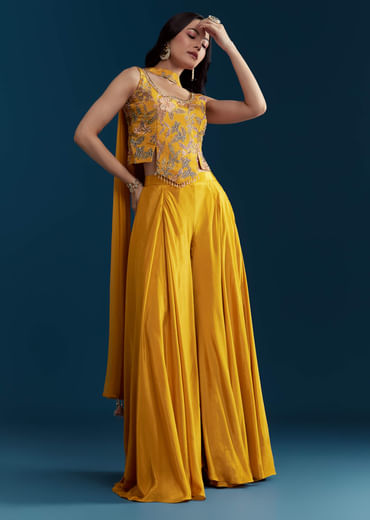 Yellow Crop Top Palazzo Set with Floral Print