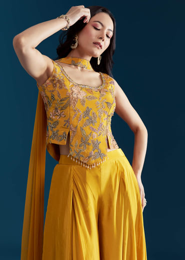 Yellow Crop Top Palazzo Set with Floral Print
