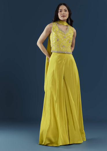 Yellow Crop Top Palazzo Set with Moti Work