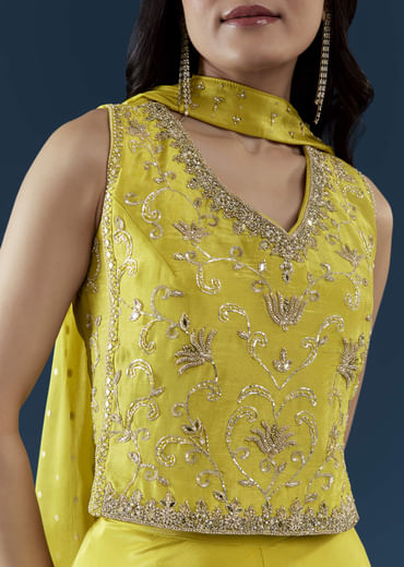 Yellow Crop Top Palazzo Set with Moti Work