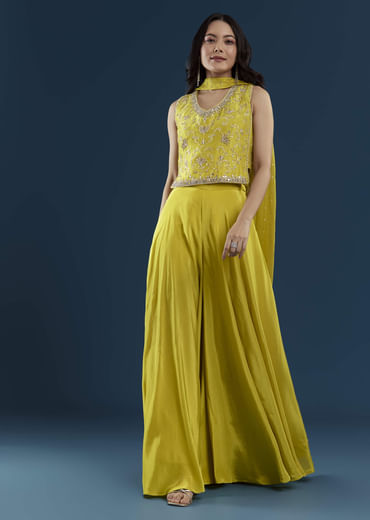 Yellow Crop Top Palazzo Set with Moti Work