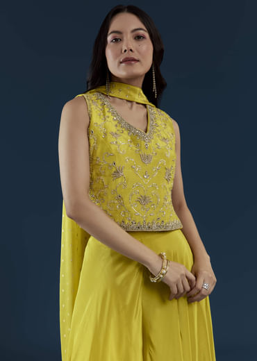 Yellow Crop Top Palazzo Set with Moti Work
