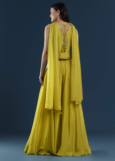 Yellow Crop Top Palazzo Set with Moti Work