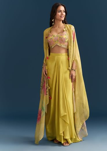 Yellow Crop Top Skirt With Floral Cape And Resham Detailing