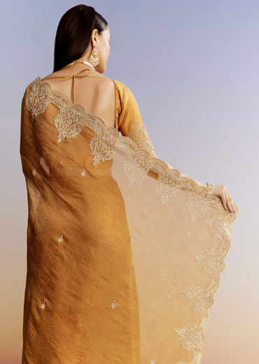 Yellow Crush Tissue Saree With Heavy Embroidered Border And Blouse