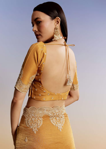 Yellow Crush Tissue Saree With Heavy Embroidered Border And Blouse