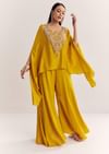 Yellow Dola Silk Cape Kurta Set With Embroidery