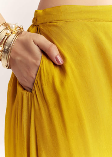 Yellow Dola Silk Cape Kurta Set With Embroidery