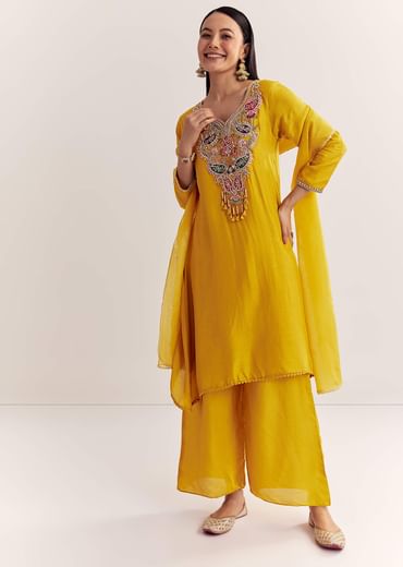 Yellow Dola Silk Kurta Dupatta Set With Zardosi And Thread Work