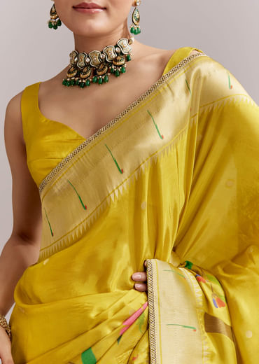 Yellow Dola Silk Woven Muniya Paithani Saree With Zari Border