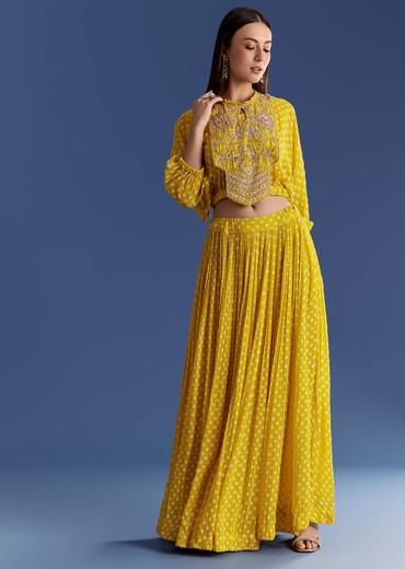 Yellow Floral Georgette Lehenga Set With Zardosi Croptop