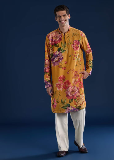 Yellow Floral Print Mens Kurta and Pant Set