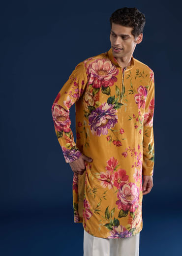 Yellow Floral Print Mens Kurta and Pant Set