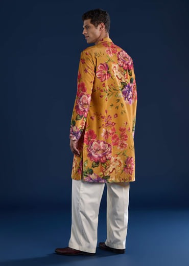 Yellow Floral Print Mens Kurta and Pant Set