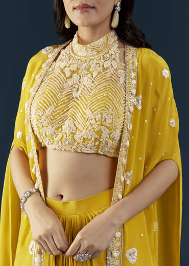 Yellow Fusion Crop Top Skirt Set with Cape