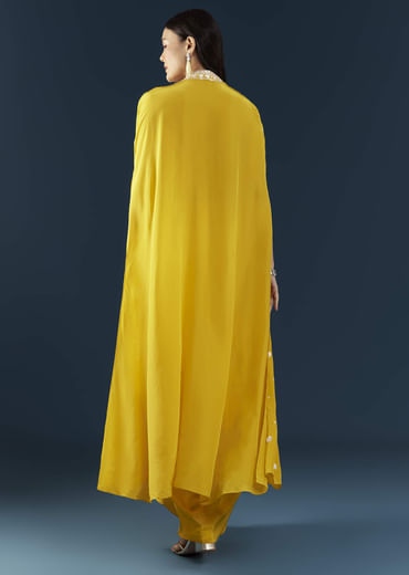 Yellow Fusion Crop Top Skirt Set with Cape