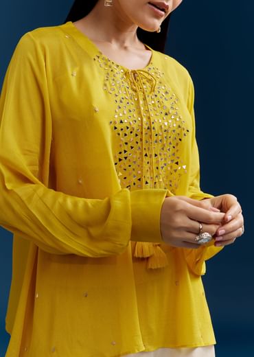 Yellow Georgette Crop Top With Mirror Work
