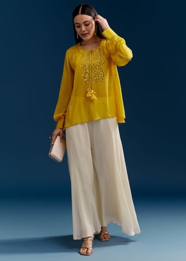 Yellow Georgette Crop Top With Mirror Work