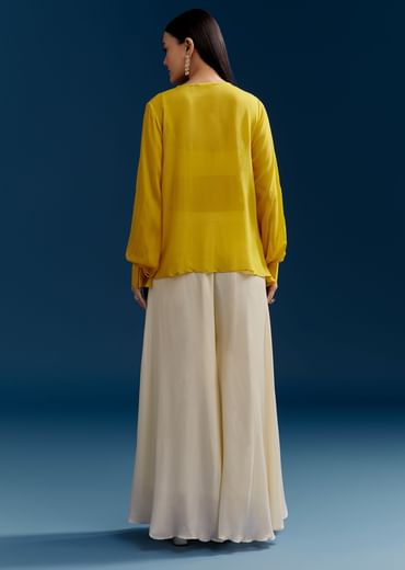 Yellow Georgette Crop Top With Mirror Work