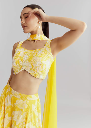 Yellow Georgette Floral Crop Top Pant Set With Embroidery