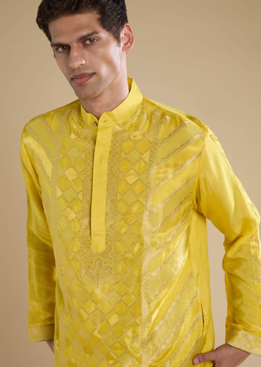 Yellow Handwoven Jacquard Silk Mens Straight Kurta Pant Set