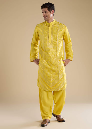 Yellow Handwoven Jacquard Silk Mens Straight Kurta Pant Set