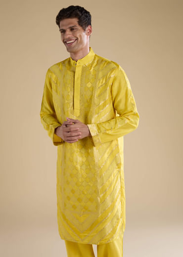 Yellow Handwoven Jacquard Silk Mens Straight Kurta Pant Set