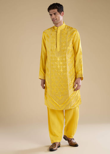 Yellow Handwoven Jacquard Silk Mens Straight Kurta Pant Set