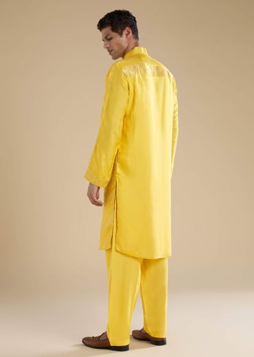 Yellow Handwoven Jacquard Silk Mens Straight Kurta Pant Set