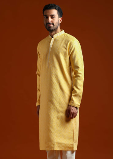 Yellow Jacquard Kurta Set For Men With Subtle Print