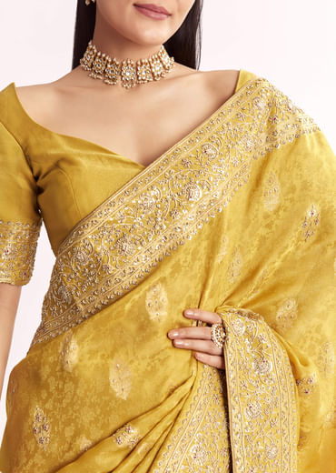 Yellow Jacquard Silk Saree With Woven Brocade Zari Work