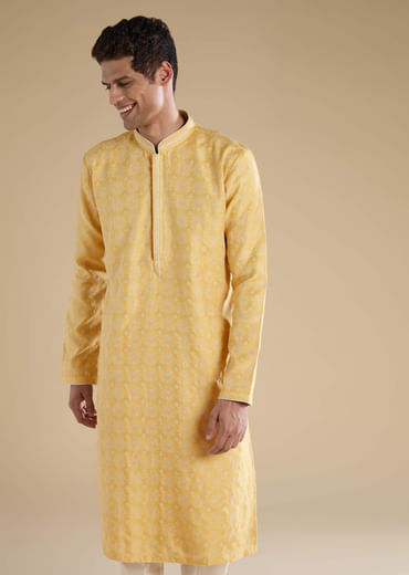 Yellow Jacquard Straight Mens Kurta and Pant Set